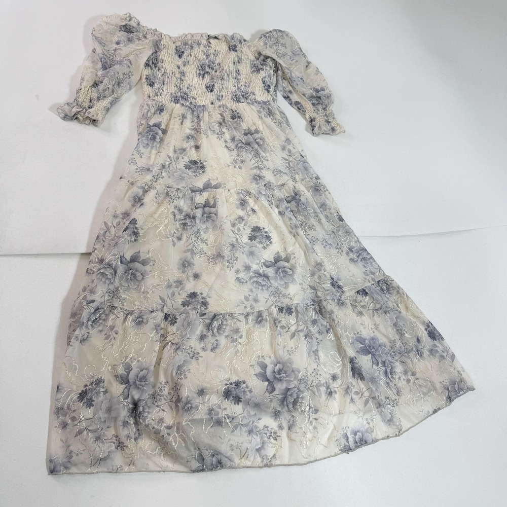 Baltic Born Dress Womens Medium White Floral Off Shoulder Smocked Chiffon Maxi